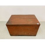 A VINTAGE PAINTED MAHOGANY TRUNK - LENGTH 77cm. HEIGHT 46cm. DEPTH 51cm.