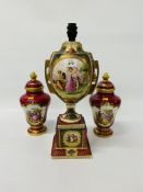 PAIR OF CLASSICAL LIDDED VASES MARKED "LIMOGES" TOGETHER WITH 2 HANDLED URN STYLE LAMP OF CLASSICAL