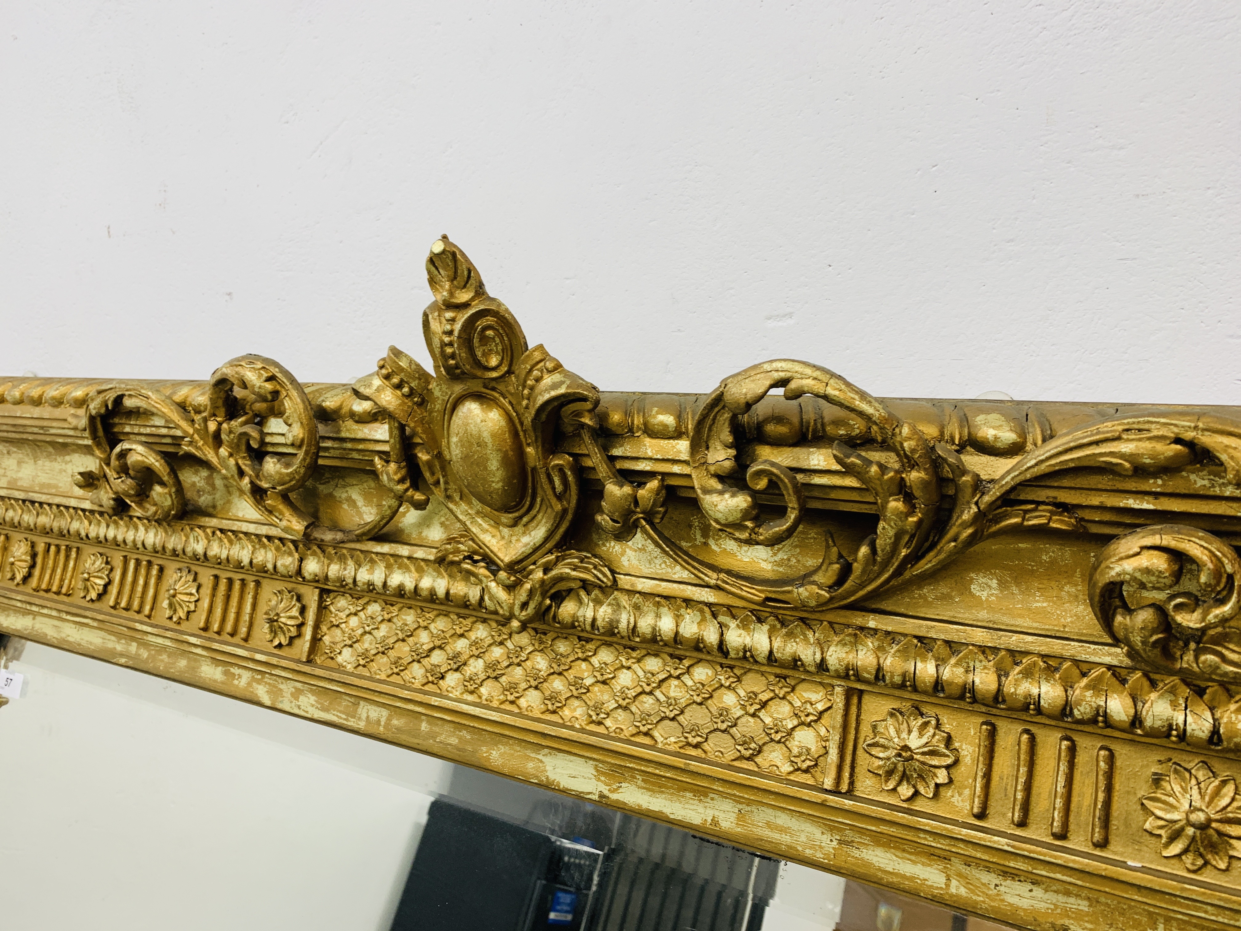 HIGHLY DECORATIVE GILT FINISH OVER MANTEL MIRROR WITH BEVELLED GLASS MIRROR (NEEDS ATTENTION TO - Image 4 of 10