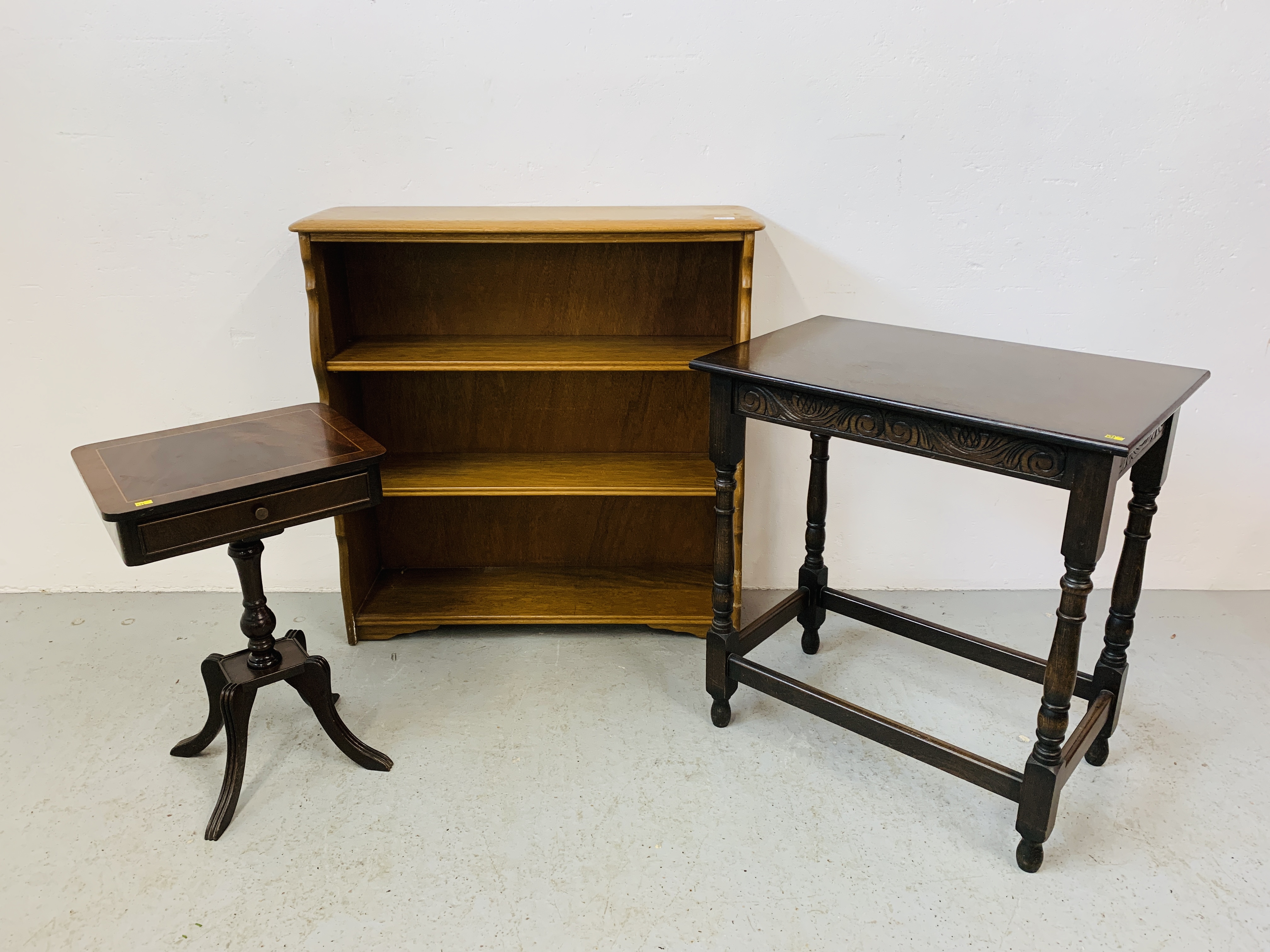 A PRIORY OAK FINISH BOOKSHELF - WIDTH 92cm. HEIGHT 92cm. PLUS AN OAK FINISH SIDE TABLE - WIDTH 68cm.