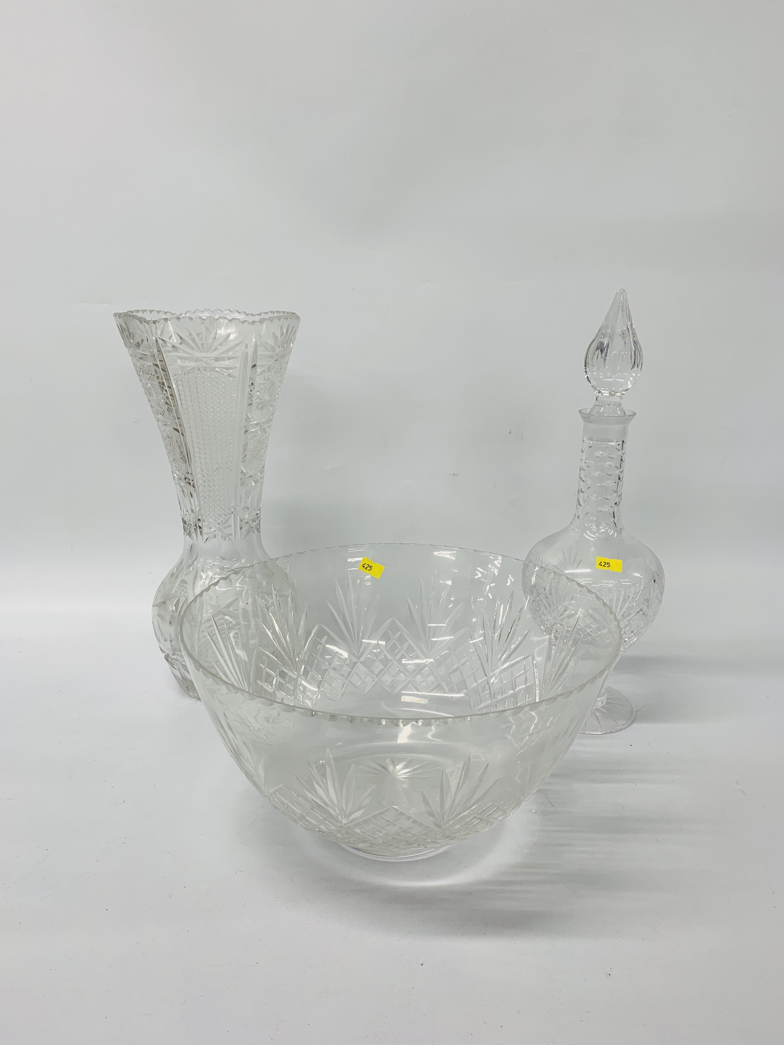 LEAD CRYSTAL VASE - H 36cm TOGETHER WITH A MATCHING CRYSTAL DECANTER & LARGE BOWL (BEARING WHAT