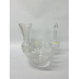 LEAD CRYSTAL VASE - H 36cm TOGETHER WITH A MATCHING CRYSTAL DECANTER & LARGE BOWL (BEARING WHAT