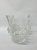 LEAD CRYSTAL VASE - H 36cm TOGETHER WITH A MATCHING CRYSTAL DECANTER & LARGE BOWL (BEARING WHAT
