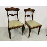A SET OF SIX PERIOD DINING CHAIRS WITH DECORATIVE CARVED SHELL DESIGN BACK RESTS,
