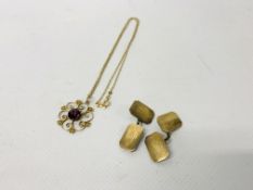 9CT GOLD CHAIN TOGETHER WITH 9CT GOLD ART NOUVEAU STYLE PENDANT SET WITH CENTRAL PURPLE STONE & 6