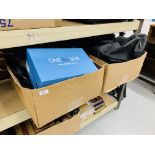 2 X BOXES OF GOOD QUALITY MENS CLOTHING & BAGS TO INCLUDE PAIR OF BROWN "ONE SIX FIVE" MENS SHOES -