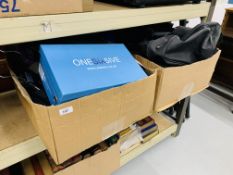 2 X BOXES OF GOOD QUALITY MENS CLOTHING & BAGS TO INCLUDE PAIR OF BROWN "ONE SIX FIVE" MENS SHOES -