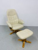 CREAM FAUX LEATHER SWIVEL ARMCHAIR AND MATCHING FOOTSTOOL