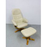 CREAM FAUX LEATHER SWIVEL ARMCHAIR AND MATCHING FOOTSTOOL