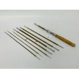 A WEISS FISHING TACKLE 6 PIECE SPLIT CANE FISHING ROD WITH 2 SPARE SECTIONS IN BAG
