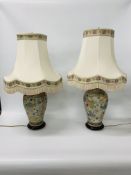 AN IMPRESSIVE PAIR OF TABLE LAMPS OF BALUSTER FORM DECORATED WITH FLOWERS HEIGHT 38cm (VASE ONLY) +