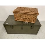 A MILITARY STYLE METAL BOUND TRUNK, LENGTH 82CM, HEIGHT 36CM,