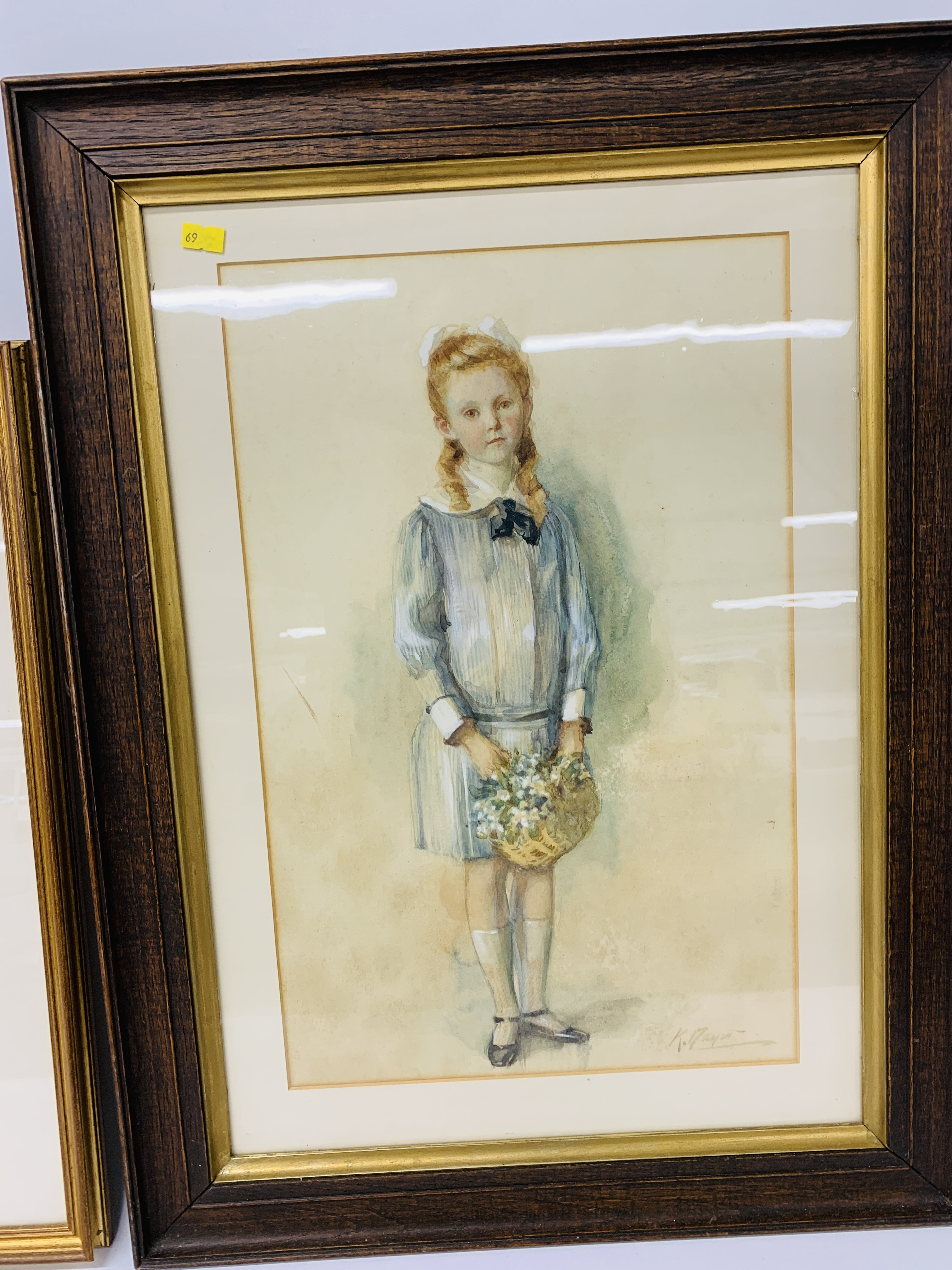 FRAMED PERIOD WATERCOLOUR OF A GIRL WITH A BASKET OF FLOWERS (INDISTINCT SIGNATURE) + FRAMED HAND - Image 2 of 7