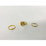 9CT GOLD GENT'S SIGNET RING, 9CT GOLD WEDDING BAND (CUT),