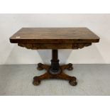 A VICTORIAN ROSEWOOD PEDESTAL FOLDING TOP CARD TABLE,
