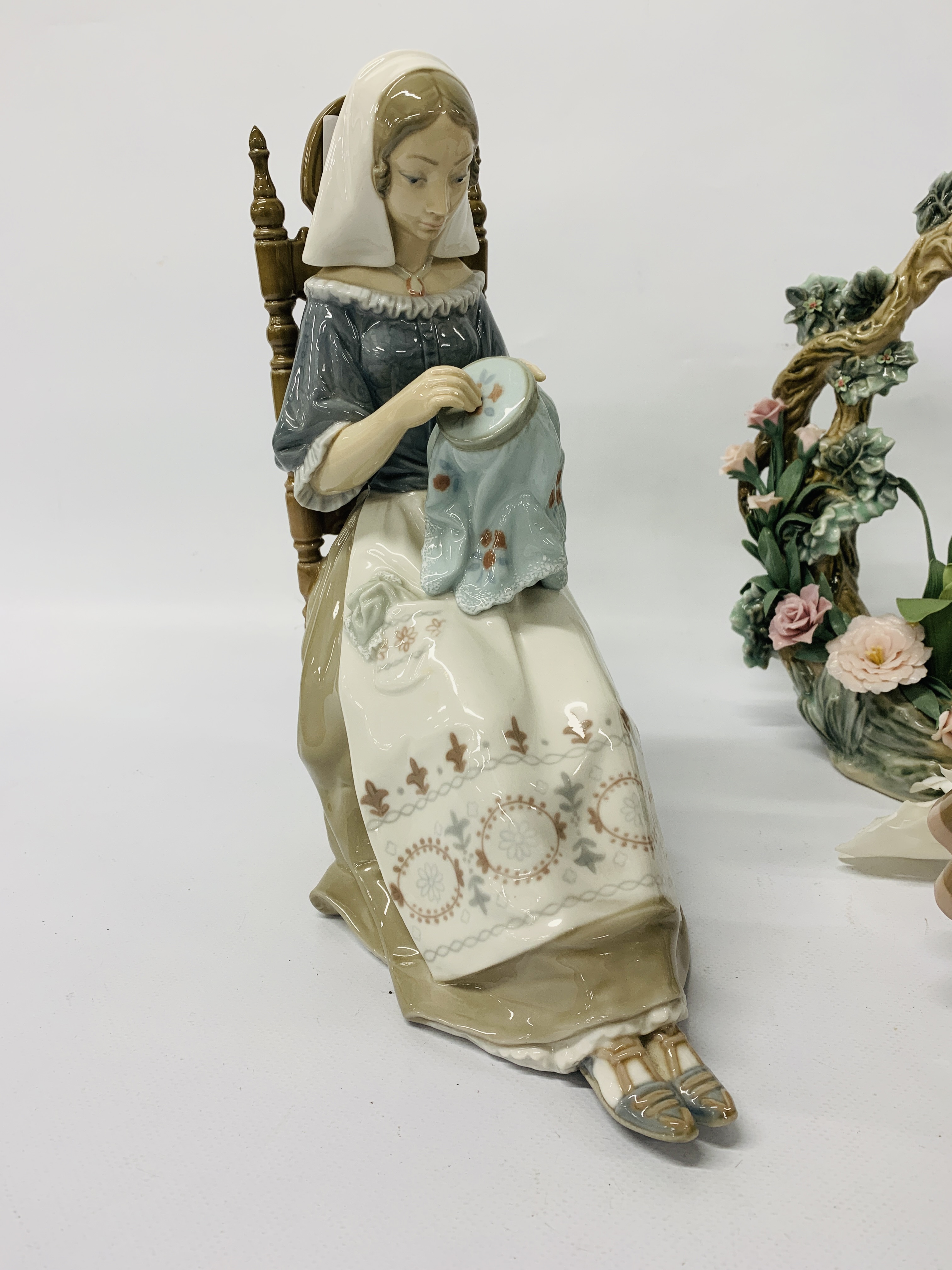 LLADRO FIGURE DOING EMBROIDERY TOGETHER WITH A SMALL LLADRO FIGURE OF A YOUNG GIRL WITH A BASKET OF - Image 8 of 12