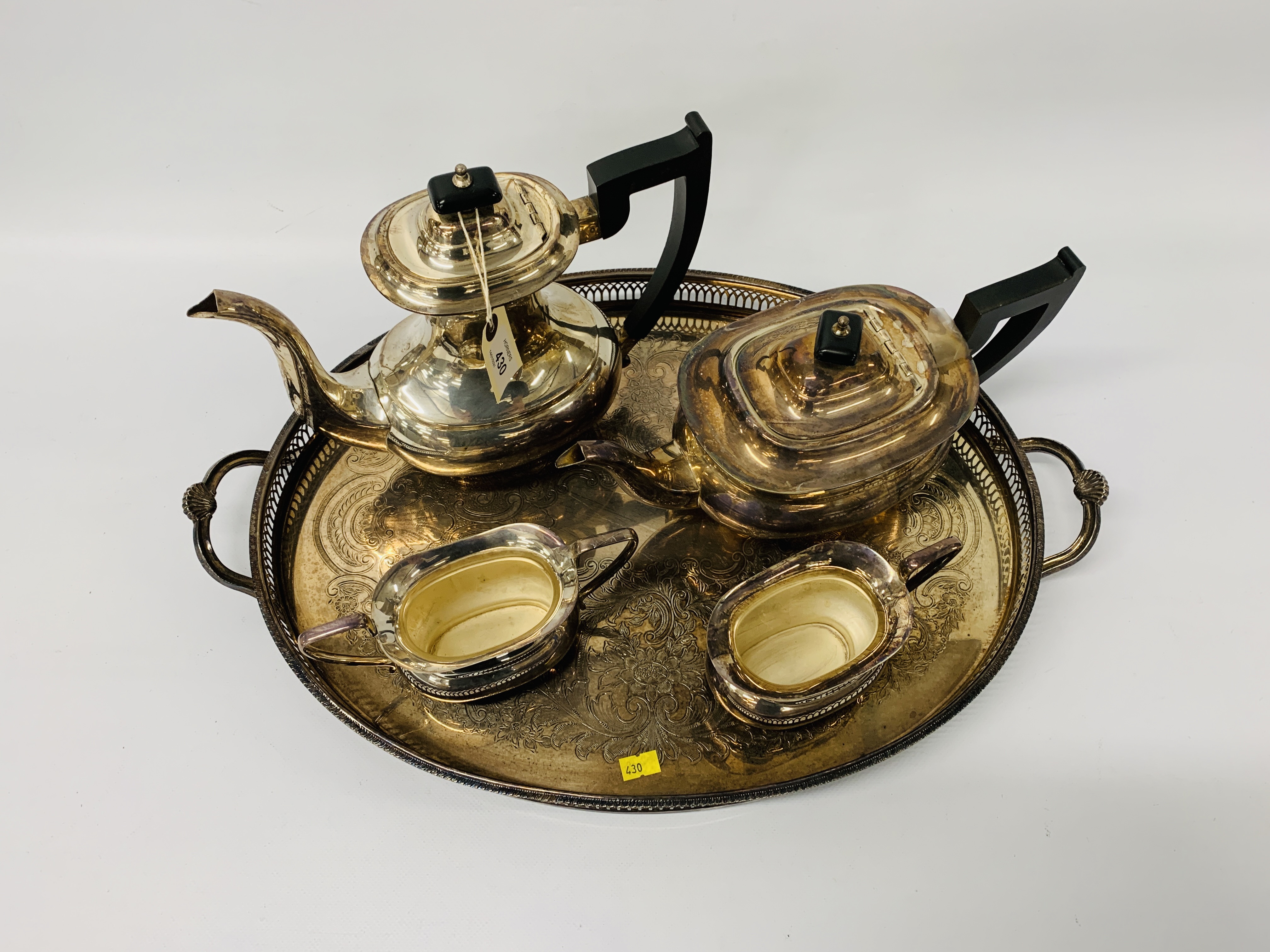 PLATED 4 PIECE TEASET TOGETHER WITH 2 HANDLED TRAY ENGRAVED DETAIL - Image 6 of 6