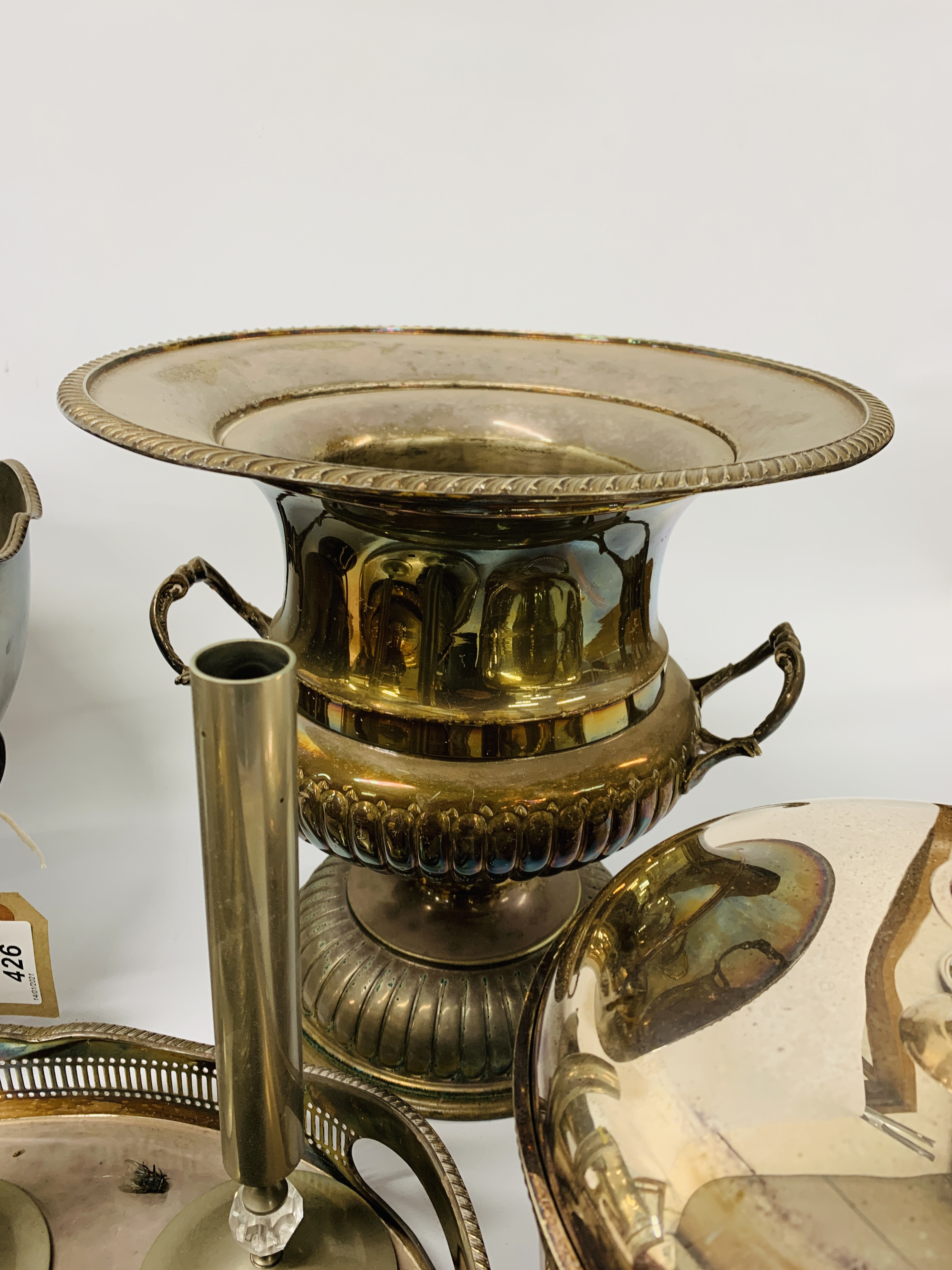 COLLECTION OF PLATED WARE TO INCLUDE TWO HANDLED GALLERY EDGE TRAY, - Image 7 of 12