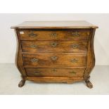 A C19TH DUTCH FOUR DRAWER OAK COMMODE, OAK LINED RETAINING ORIGINAL HANDLES ON PAW FEET, WIDTH 96CM,