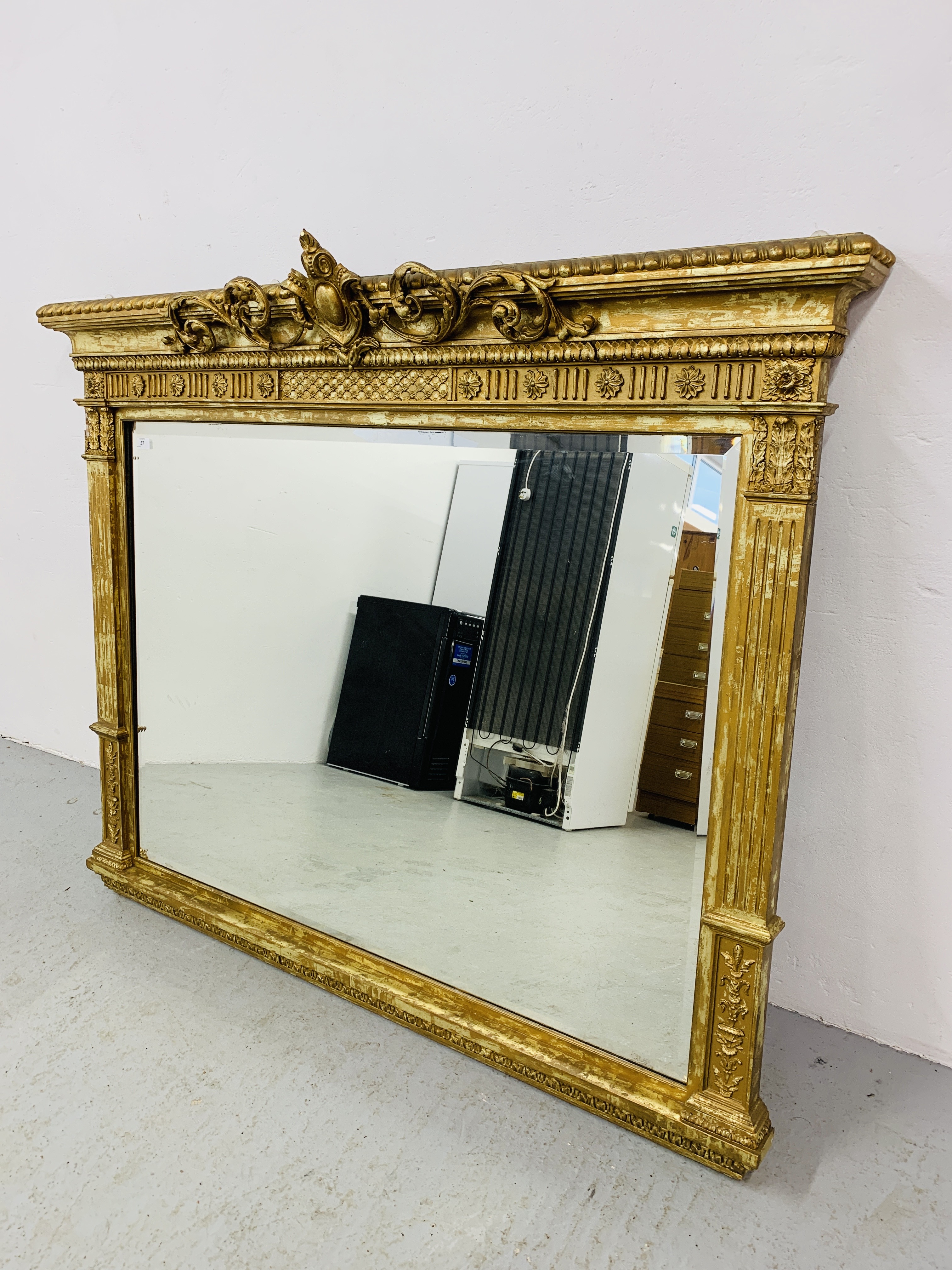 HIGHLY DECORATIVE GILT FINISH OVER MANTEL MIRROR WITH BEVELLED GLASS MIRROR (NEEDS ATTENTION TO - Image 2 of 10