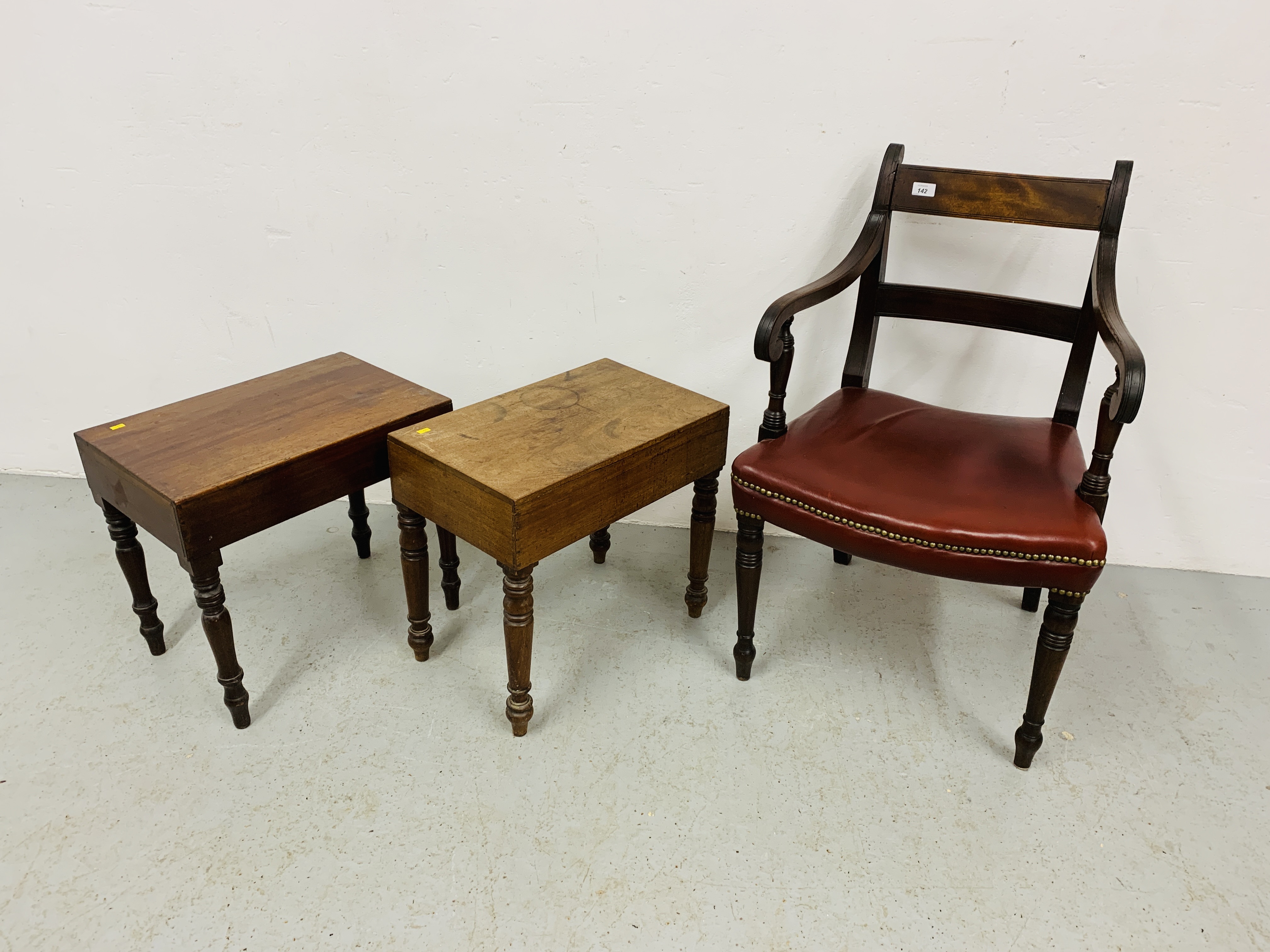 TWO VICTORIAN MAHOGANY BIDETS (ONE WITH LINER) AND MAHOGANY SCROLL ARM ELBOW CHAIR WITH RED LEATHER