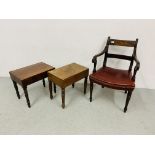 TWO VICTORIAN MAHOGANY BIDETS (ONE WITH LINER) AND MAHOGANY SCROLL ARM ELBOW CHAIR WITH RED LEATHER