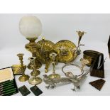 BOX OF METALWARE TO INCLUDE SILVER PLATED EPERGNE, BRASS ELEPHANT, 2 PAIRS OF CANDLE STICKS,