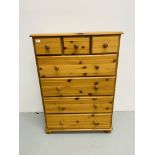 HONEY PINE 3 OVER 4 DRAWER CHEST HEIGHT 117cm, WIDTH 83cm, DEPTH 44.