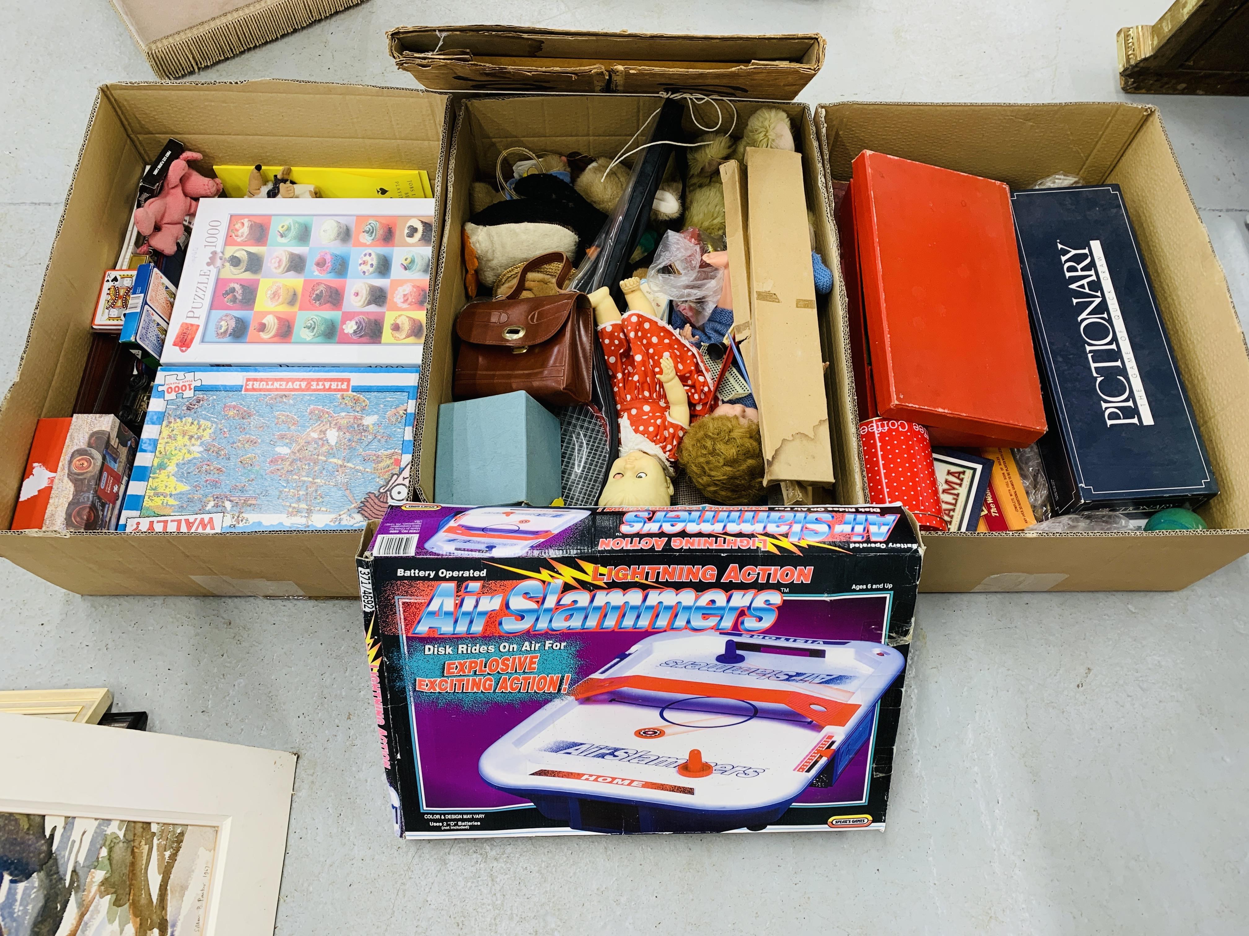 3 BOXES CONTAINING A COLLECTION OF VARIOUS TOYS, GAMES & VINTAGE DOLLS AND SOFT TOYS,