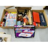 3 BOXES CONTAINING A COLLECTION OF VARIOUS TOYS, GAMES & VINTAGE DOLLS AND SOFT TOYS,
