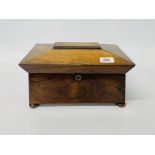 A ROSEWOOD SARCOPHAGUS SHAPED TEA CADDY, BLENDING BOWL & LINERS MISSING 31.
