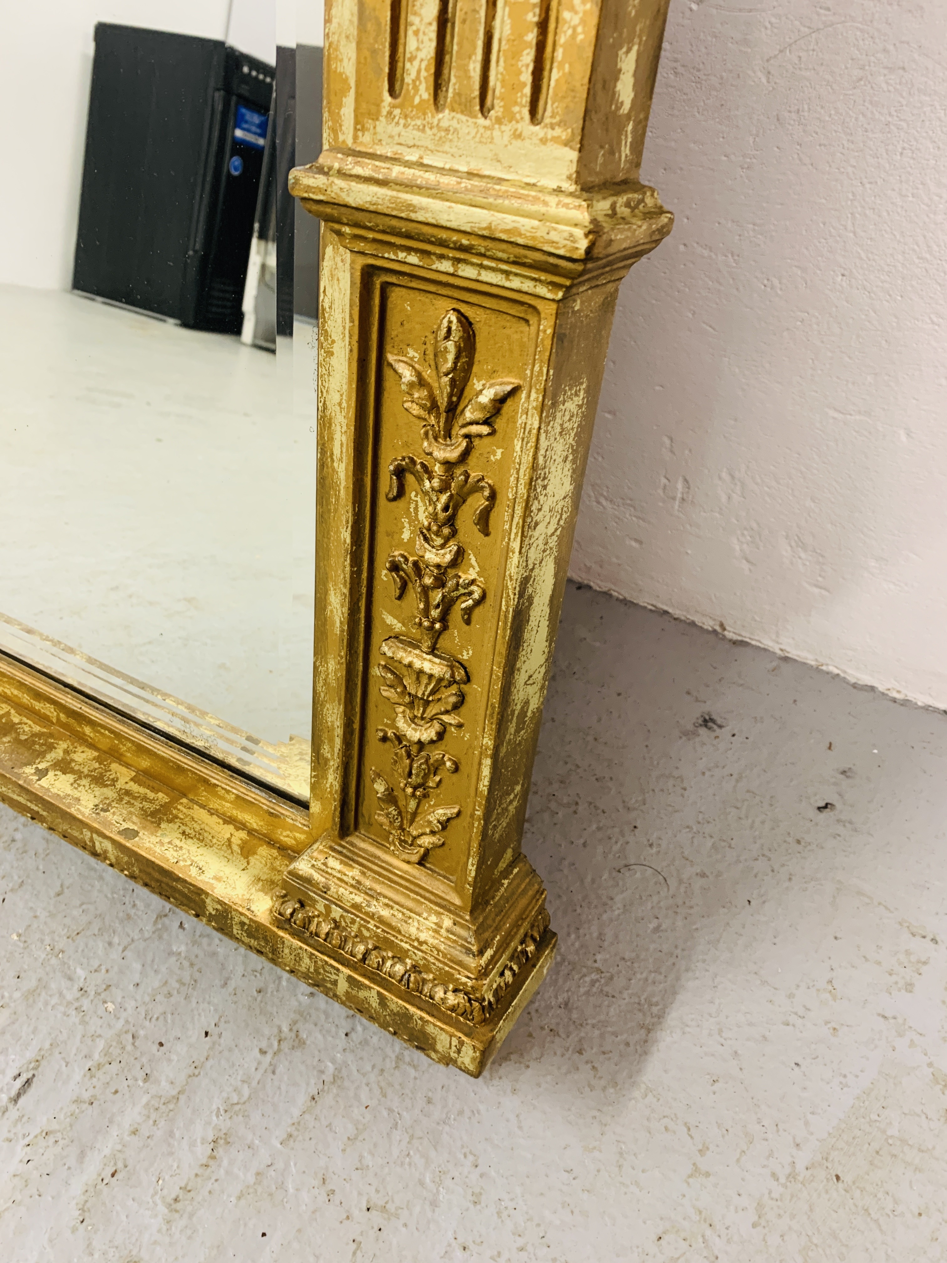 HIGHLY DECORATIVE GILT FINISH OVER MANTEL MIRROR WITH BEVELLED GLASS MIRROR (NEEDS ATTENTION TO - Image 6 of 10