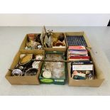 SIX BOXES OF MISCELLANEOUS HOUSEHOLD EFFECTS TO INCLUDE RECORDS, THE WORKS OF CHARLES DICKENS,
