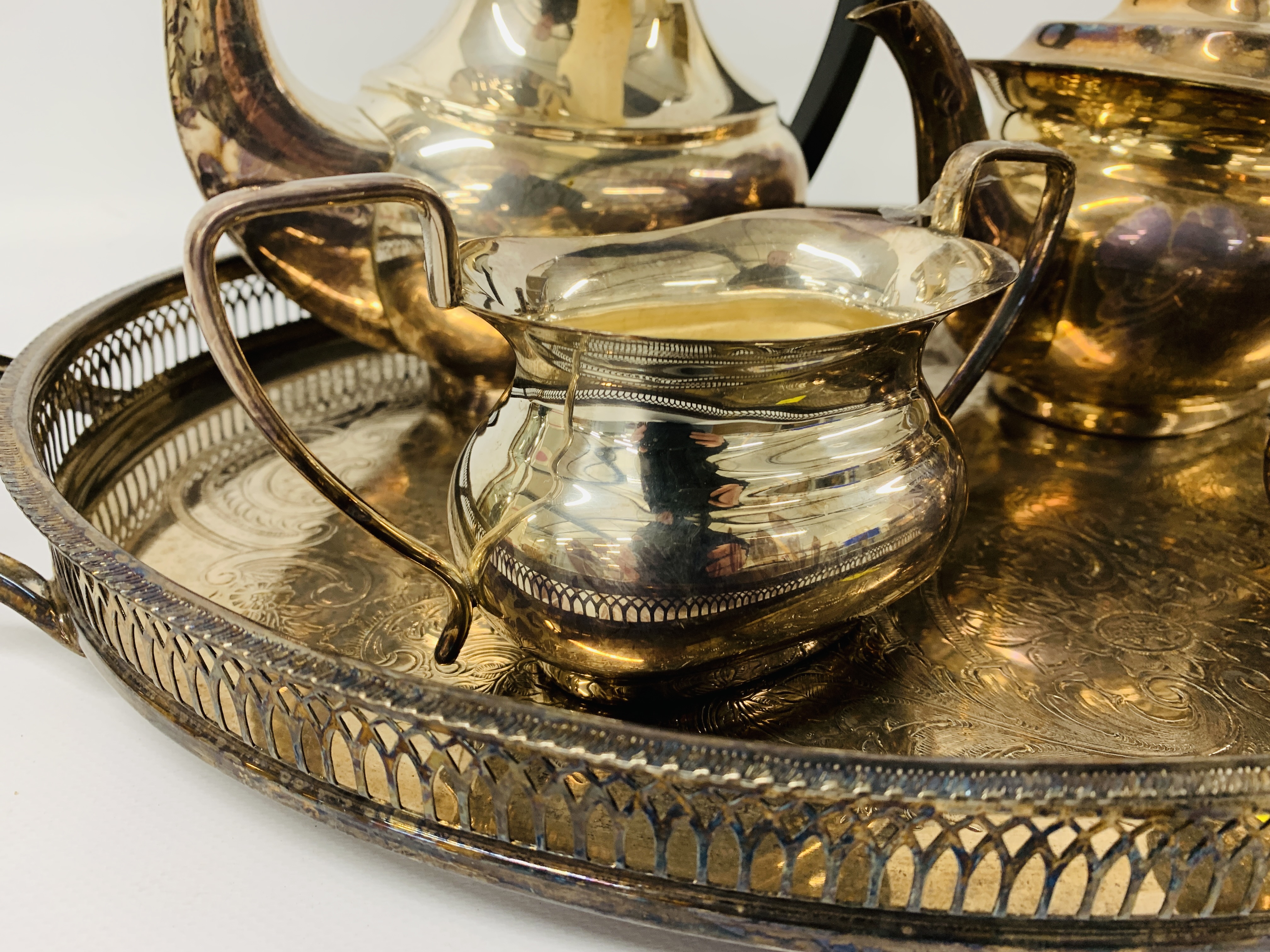 PLATED 4 PIECE TEASET TOGETHER WITH 2 HANDLED TRAY ENGRAVED DETAIL - Image 2 of 6