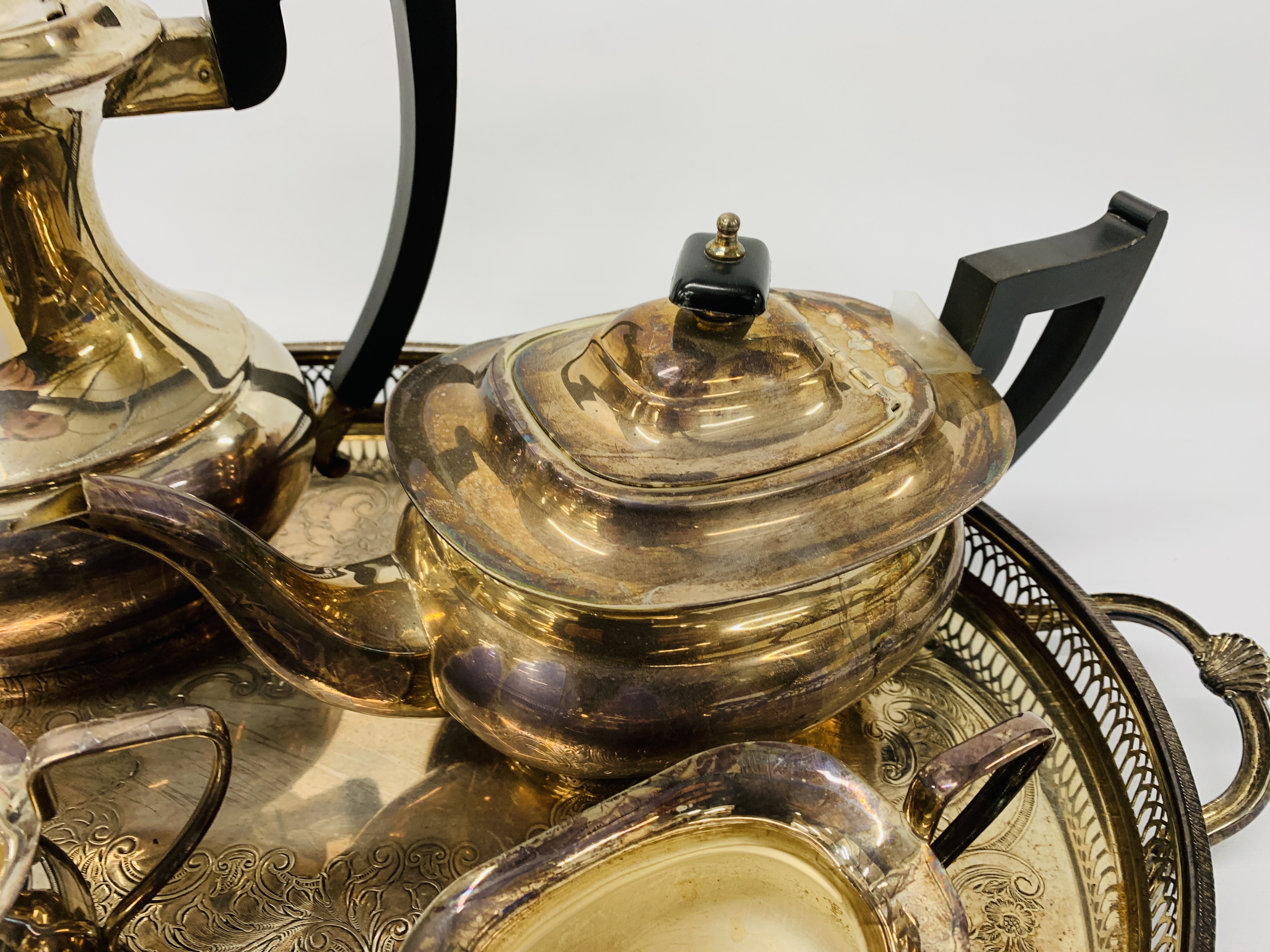 PLATED 4 PIECE TEASET TOGETHER WITH 2 HANDLED TRAY ENGRAVED DETAIL - Image 5 of 6