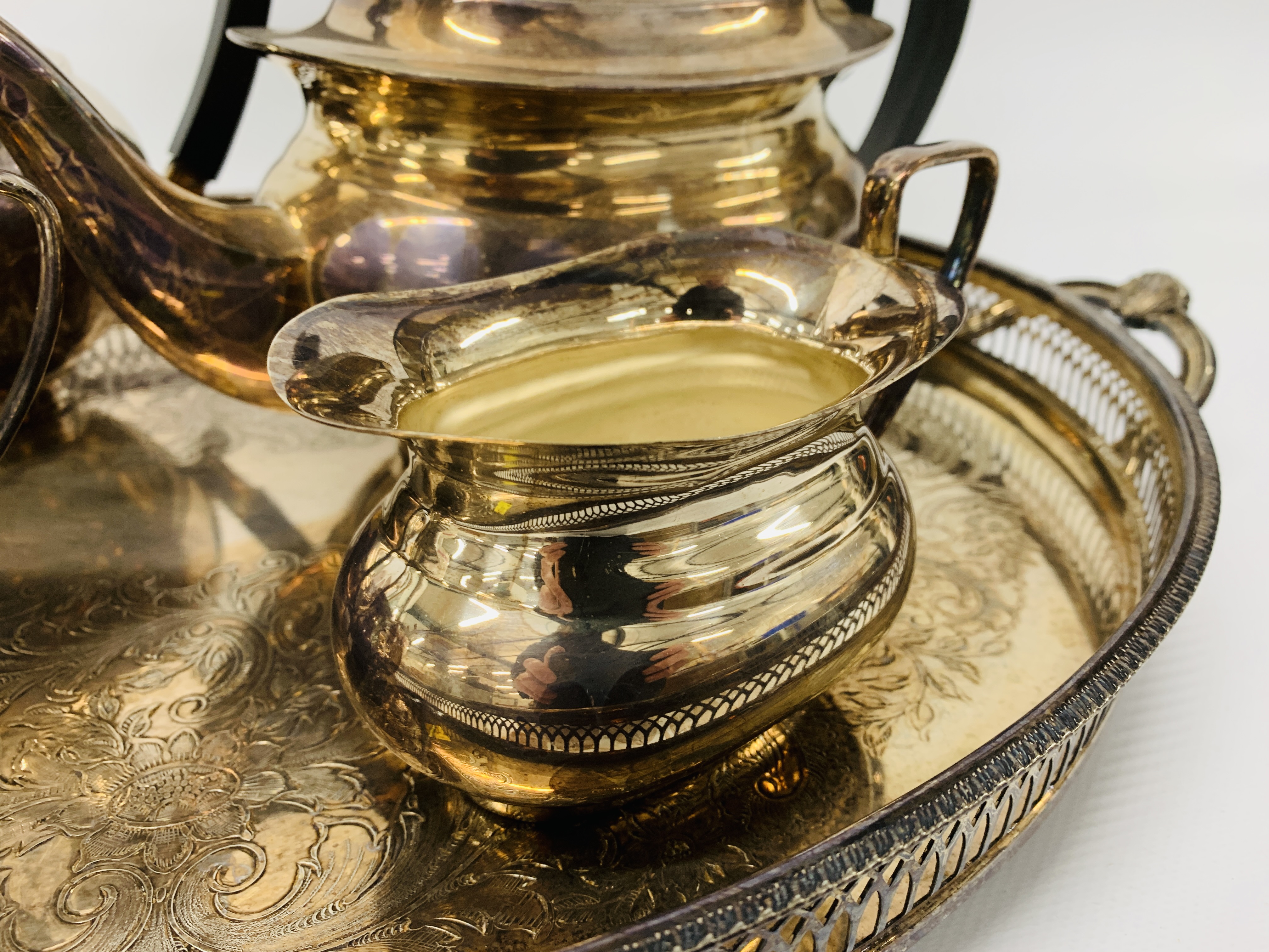 PLATED 4 PIECE TEASET TOGETHER WITH 2 HANDLED TRAY ENGRAVED DETAIL - Image 3 of 6