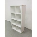 A MODERN WHITE FINISH OPEN SHELVING UNIT. WIDTH 76cm. HEIGHT 146cm.