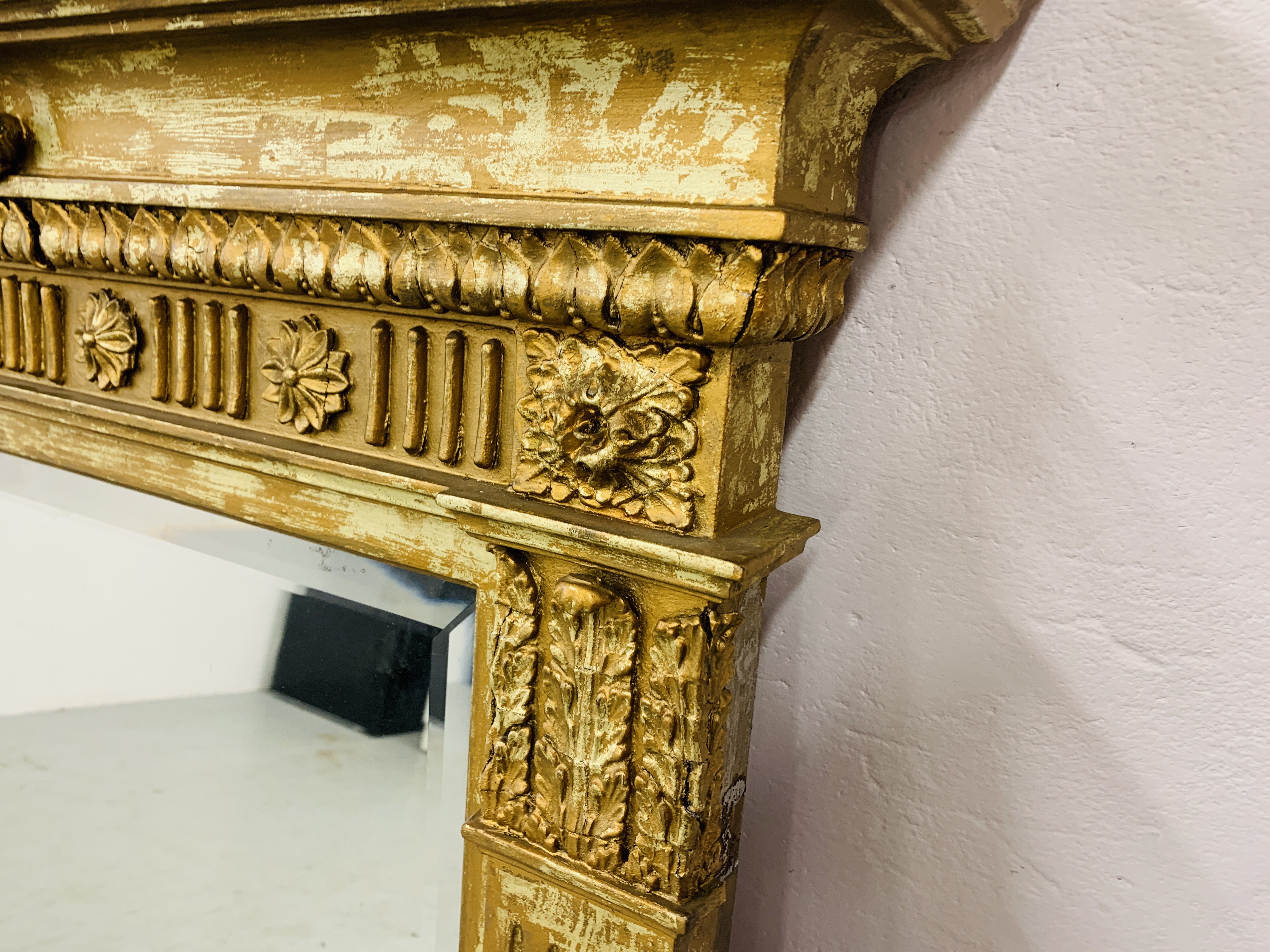 HIGHLY DECORATIVE GILT FINISH OVER MANTEL MIRROR WITH BEVELLED GLASS MIRROR (NEEDS ATTENTION TO - Image 7 of 10