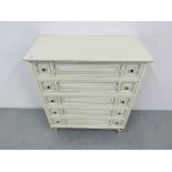 A CREAM FINISH FIVE DRAWER CHEST - WIDTH 86cm. HEIGHT 105cm.