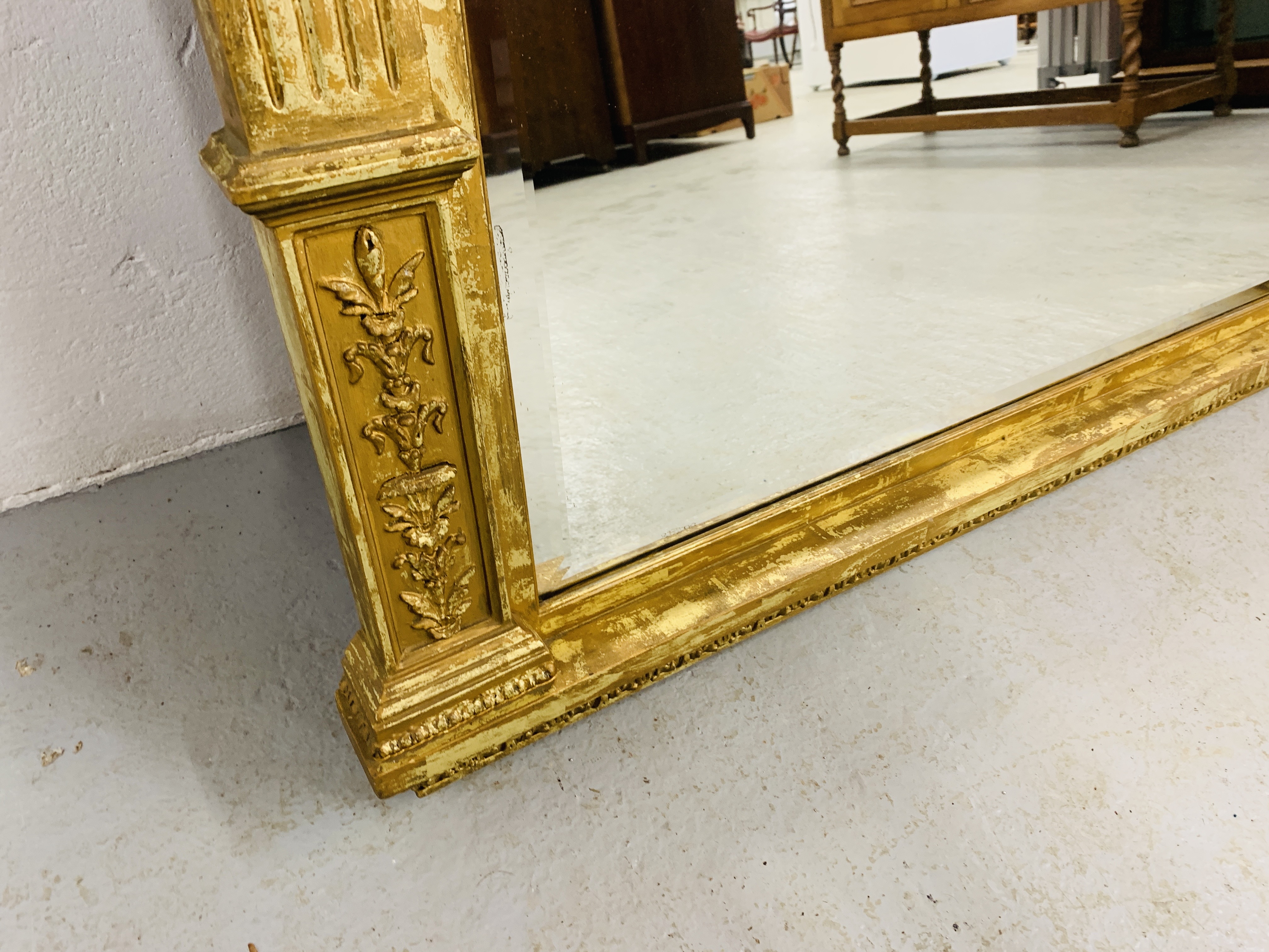 HIGHLY DECORATIVE GILT FINISH OVER MANTEL MIRROR WITH BEVELLED GLASS MIRROR (NEEDS ATTENTION TO - Image 9 of 10