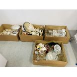 FOUR BOXES CONTAINING ASSORTED CERAMICS AND GLASSWARE TO INCL. CHAMBER POTS, PLANTERS, TEAWARE, ETC.