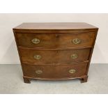 A VICTORIAN MAHOGANY THREE DRAWER BOW FRONTED CHEST (FOOT A/F), WIDTH 99CM, HEIGHT 88CM,