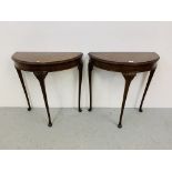 A PAIR OF REPRODUCTION WALNUT FINISH DEMI LUNE SIDE TABLES (EACH WIDTH 74cm)