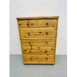 WAXED PINE 2 OVER 4 DRAWER CHEST HEIGHT 115cm, WIDTH 80cm, DEPTH 44.