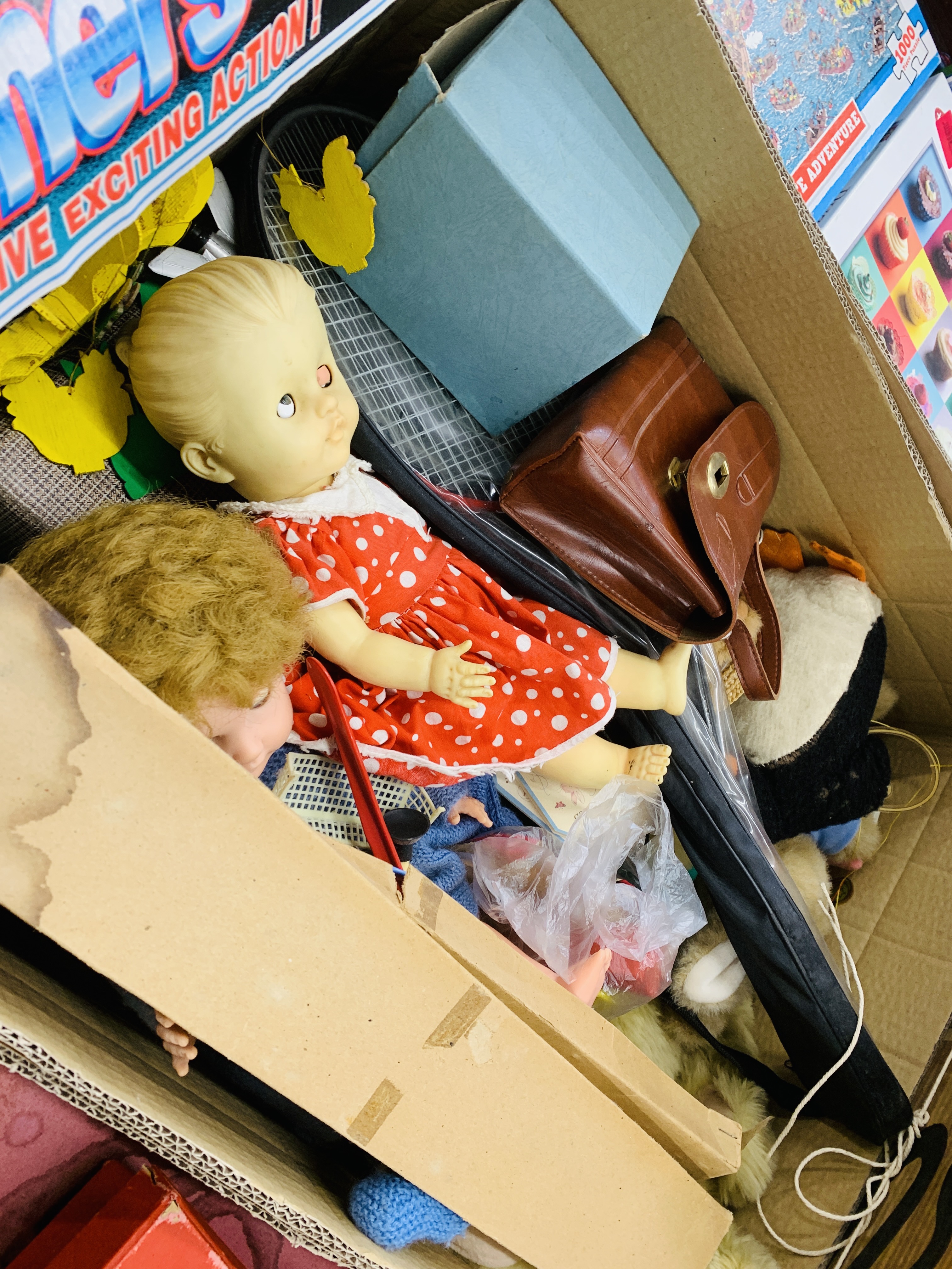 3 BOXES CONTAINING A COLLECTION OF VARIOUS TOYS, GAMES & VINTAGE DOLLS AND SOFT TOYS, - Image 14 of 17