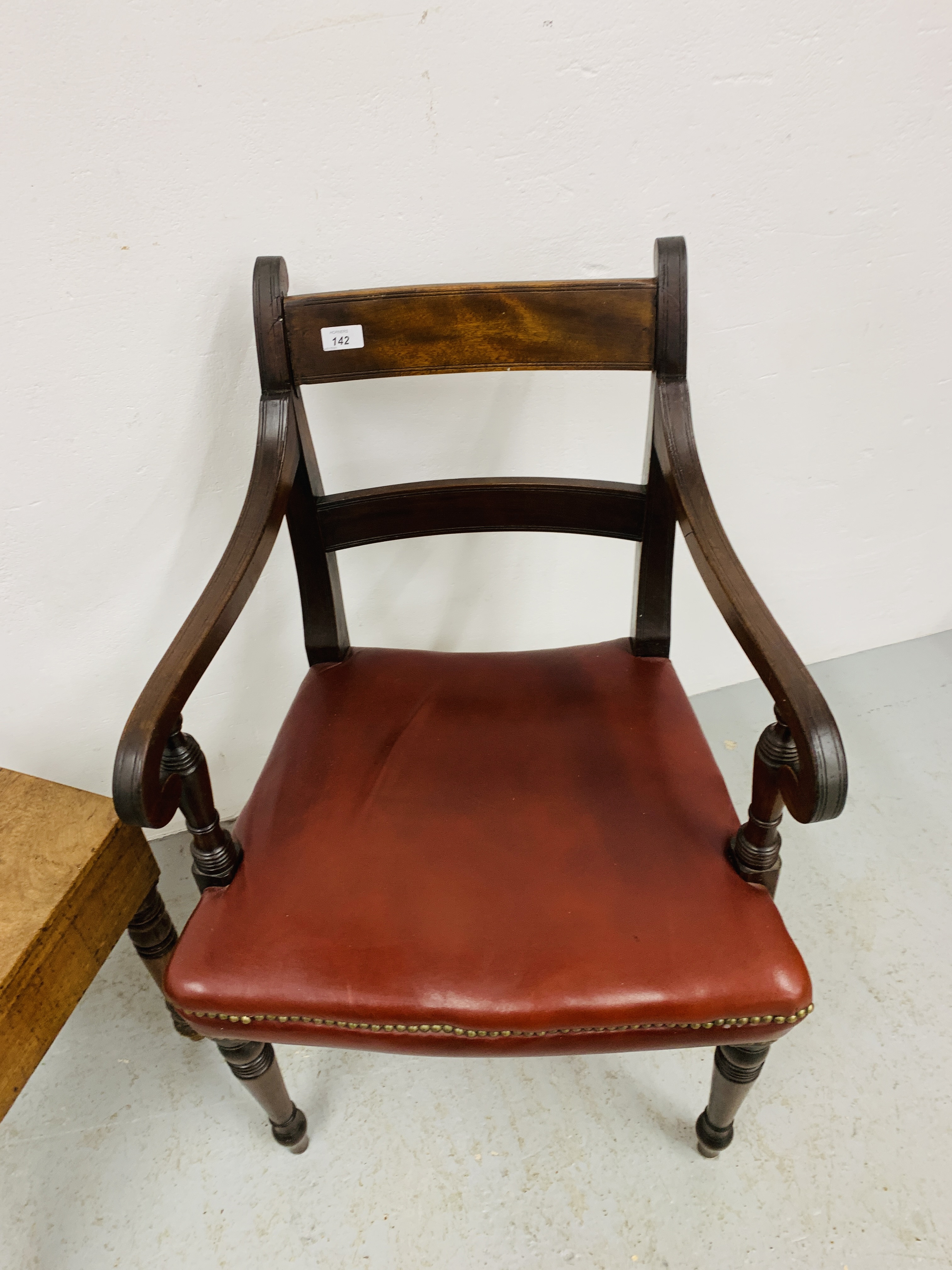 TWO VICTORIAN MAHOGANY BIDETS (ONE WITH LINER) AND MAHOGANY SCROLL ARM ELBOW CHAIR WITH RED LEATHER - Image 2 of 8