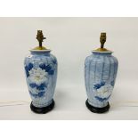 PAIR OF MOORCROFT STYLE TABLE LAMP BASES ON A BLUE BACKGROUND FLORAL DECORATION HEIGHT 31.