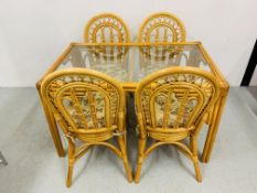 A BAMBOO FRAMED GLASS TOP DINING TABLE COMPLETE WITH SET OF 4 BAMBOO FRAMED DINING CHAIRS 122 x