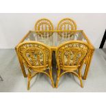 A BAMBOO FRAMED GLASS TOP DINING TABLE COMPLETE WITH SET OF 4 BAMBOO FRAMED DINING CHAIRS 122 x
