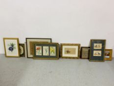 A COLLECTION OF TEN VARIOUS FRAMED PRINTS, PICTURES AND SAMPLES TO INCLUDE SAMPLER DATED 1786,